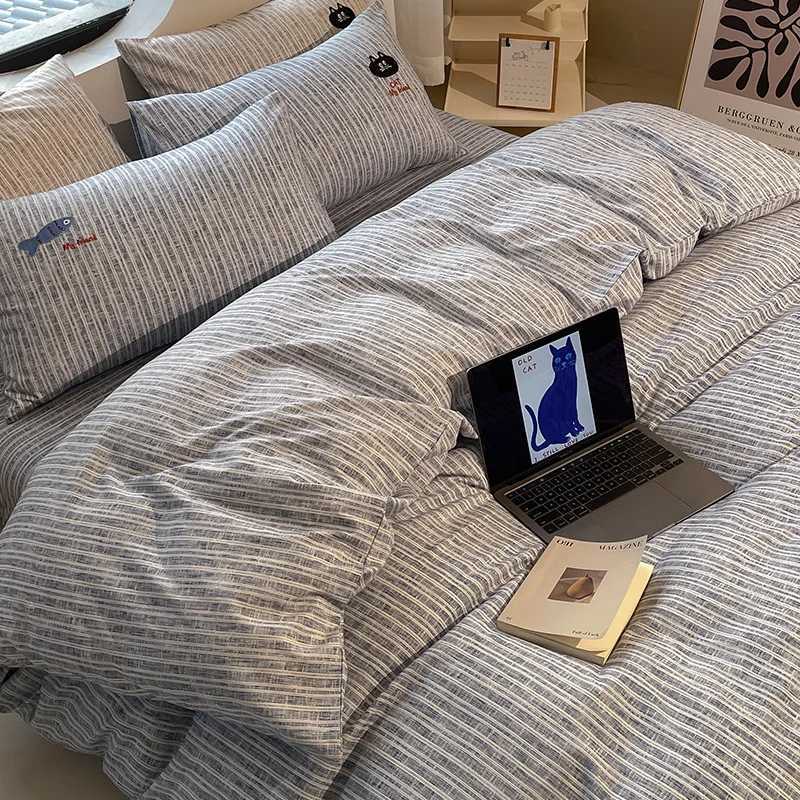 New Cotton Hemp Embroidery Bedding Sheet Sets Solid Cartoon Comfortable Soft Duvet Cover Kit Fitted Sheet Set for Single Queen H251111-image-1084169089