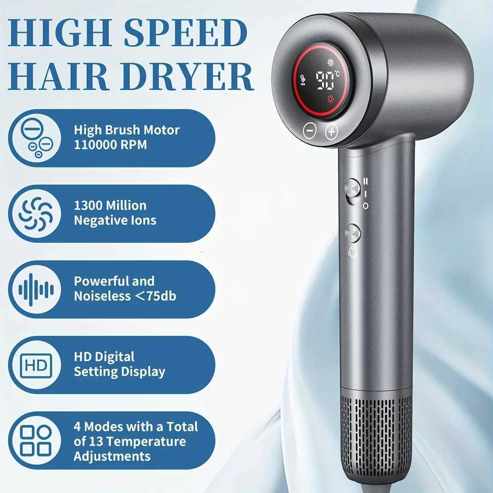 Hairdryer New high speed hair anion high speed hair dryer Hair LED display hair dryer with nozzle 1600W high power H251111-image-1084142192