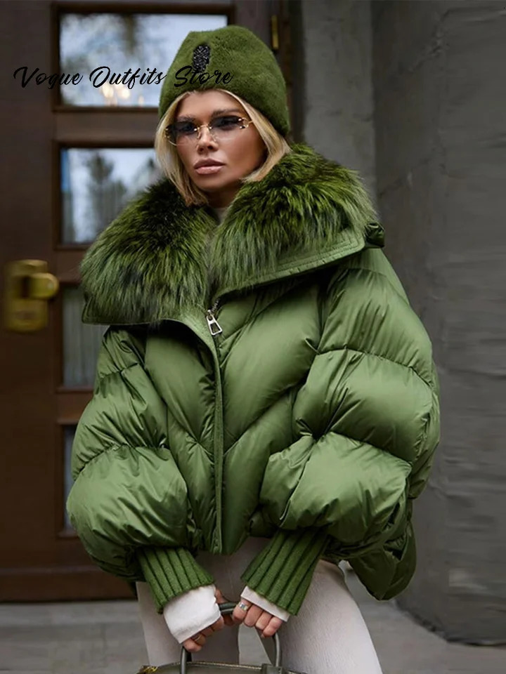 Womens Winter Fur Collar Parka Coat Hood Long Sleeve Zipper Green Quilted Down Jacket Female 2025 Fashion Lady in Outwear251111