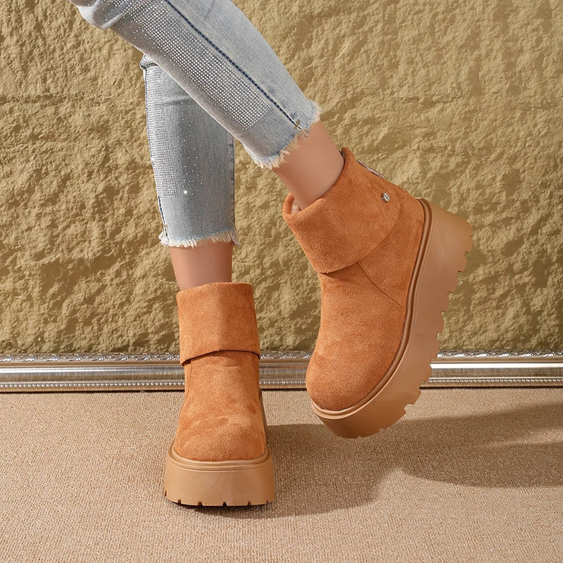 Bottes de neige à plateforme Style pour femmes - Chaussures rehaussantes à semelles épaisses avec revers doublées de polaire chaudes 251110