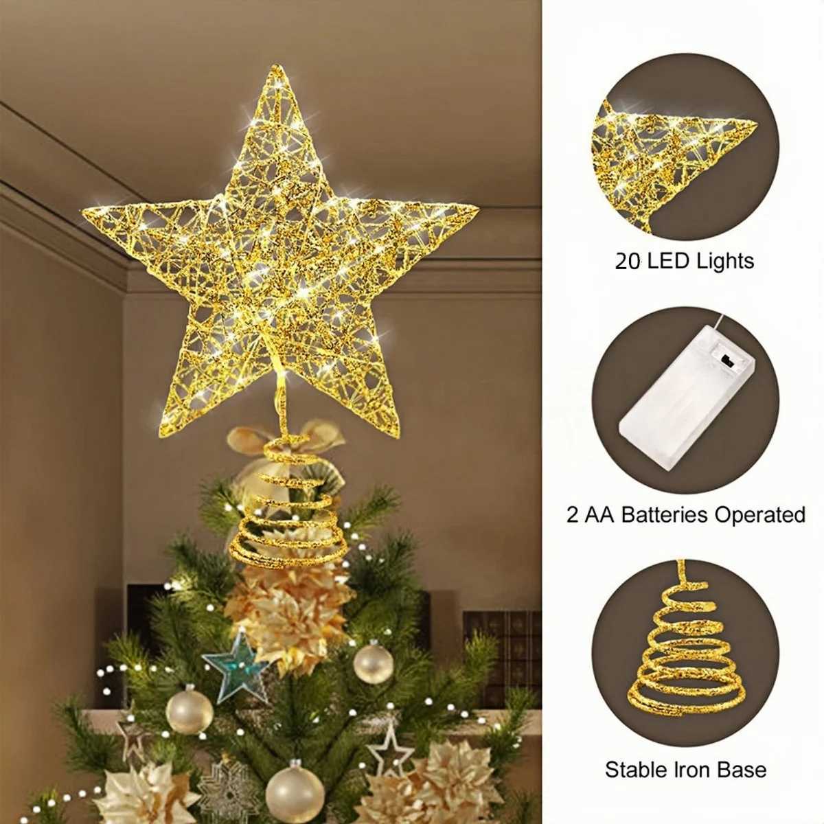 Iron Glitter Christmas Tree Topper Star With Led Copper Wire Lights Merry Christmas Tree Decor For Home Navidad OrnamentsM251111-image-1084134915