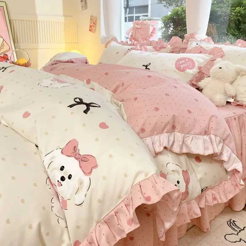 Cartoon Washed Cotton Bed Sheet Four-piece Set Non-cotton Thickened Brushed Quilt Cover Bed Skirt Style Princess Style Bedroom H251111-image-1084143218