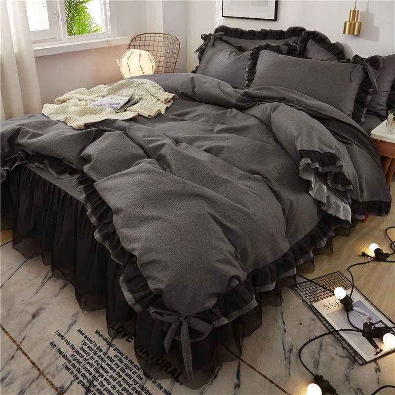Luxury Black Princess Bedding Sets Kawaii Bed Skirt Sheet case Fashion Girl Duvet Cover 4 Pieces Home Decoration H251111-image-1084146867