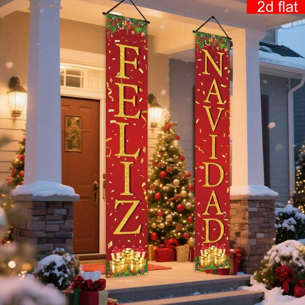2D Flat Banner Spanish Merry Christmas Party Decoration Couplet Gold Gift Box Ribbon Pattern DesignM251111-image-1084133383