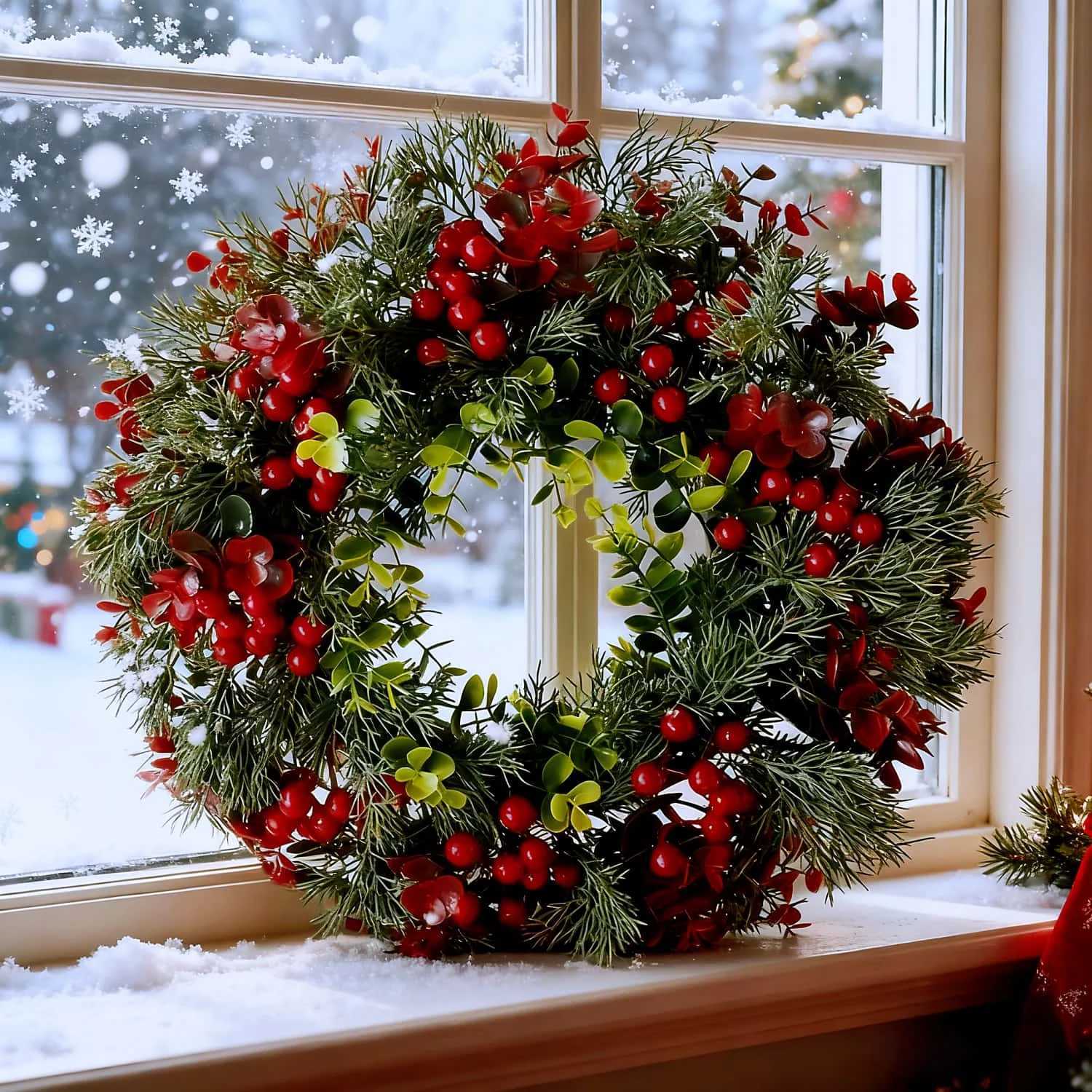 40cm Christmas Wreath with Red Berries - Artificial Eucalyptus Leaf Door Hanger - Indoor and Outdoor Holiday DecorM251111-image-1084131163
