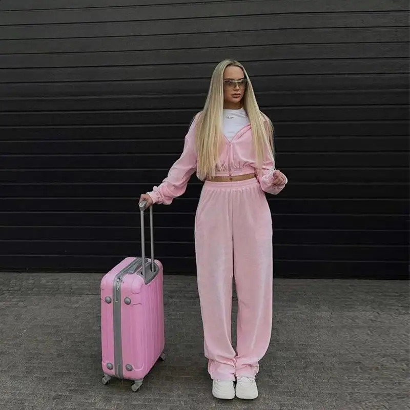 Womens Casual Suit Street Style Long Sleeve Hooded Cardigan Elastic Waist Pants Fashion Two-piece Suit 250409