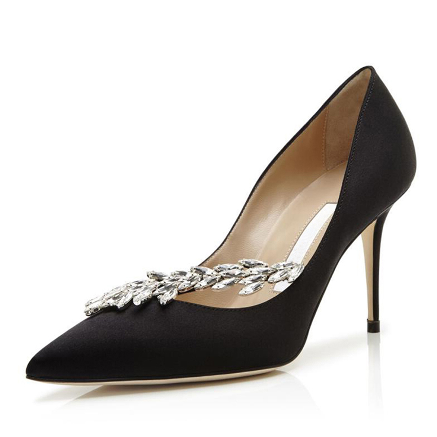 Fashion Women Sandals Pump NADIRA 90 mm High Heels Black Satin Slanted Jewel Buckle Embellished Italy Popular Pointed Toes Designer Wedding Party Sa