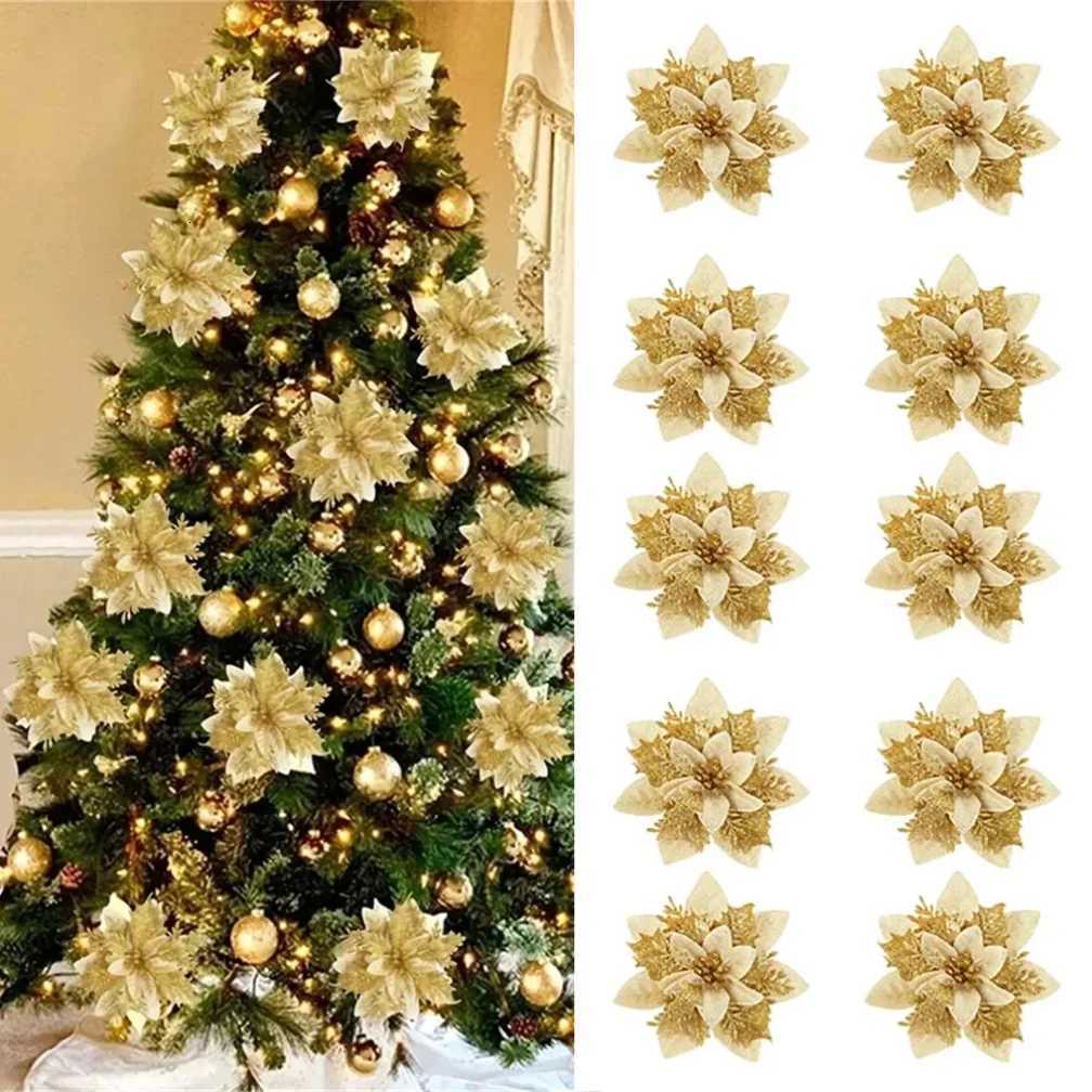 5/10pcs 14cm Christmas Flower OrnamentsPinkRedGoldGlitter Artifical Flowers For Christmas TreeXmas Decoration For HomeM251111-image-1084134411