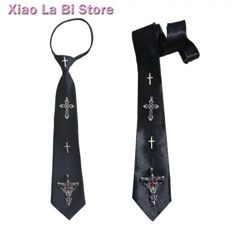 XXFD Jk Uniform Black Ties Carved Metal Crosses Collar Japan Jk seifuku Cosplay Pre-tied Tie Schoolgirl JK Suit NeckwearW251111-image-1084176090