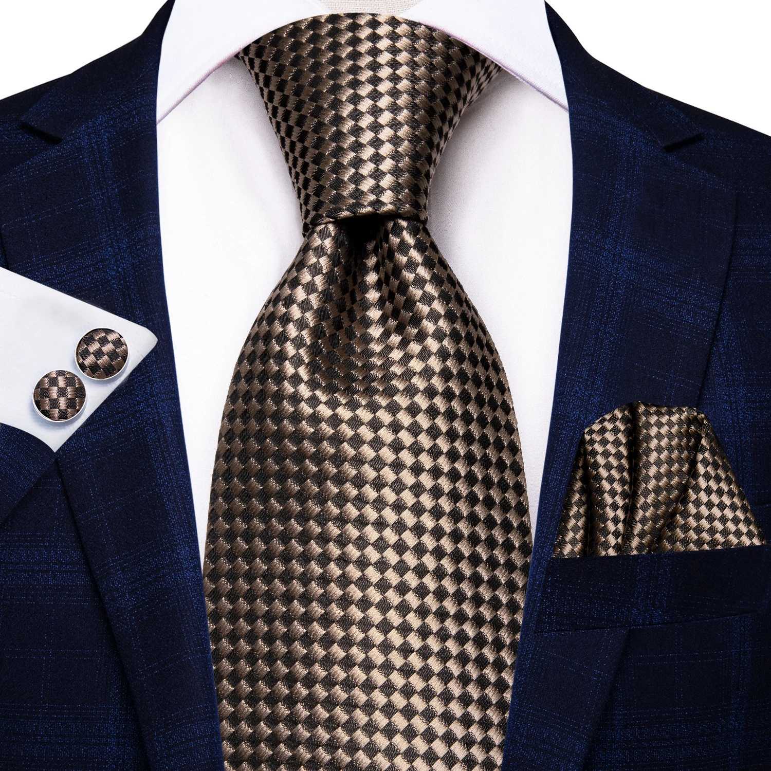Hi-Tie Brown Fashion Business Navy Plaid 100 Silk Mens Tie NeckTie 85cm Ties for Men Formal Luxury Wedding Quality GravataW251111-image-1084176255