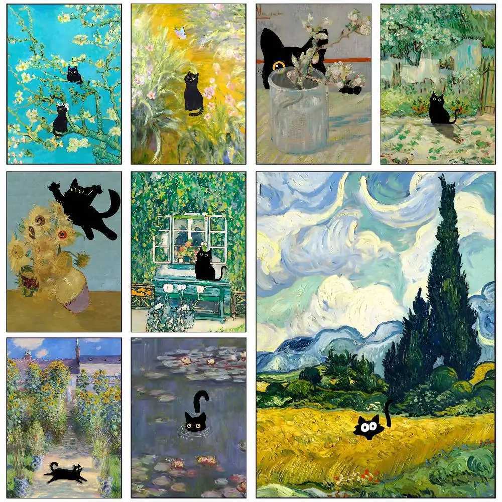Van Gogh Famous Artworks The Starry Night Black Cat Funny Poster HD Art Sticky Wall Poster Waterproof Aesthetic Decor For He H251112-image-1084308534
