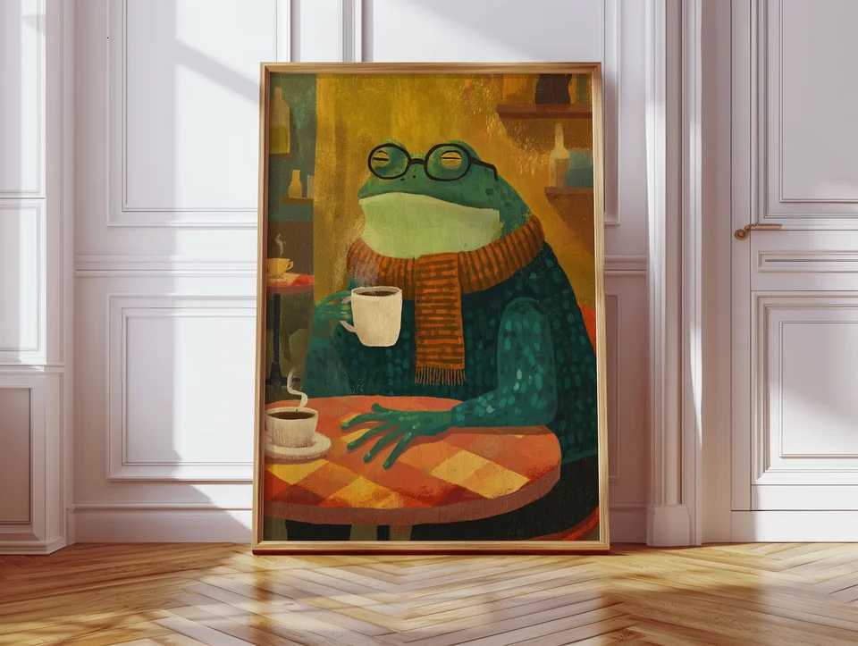 Productive Frog Drinking Coffee Print Poster Dog Poster Cute Cat Print Funny Print Art Prints Kids Bedro H251112-image-1084305838