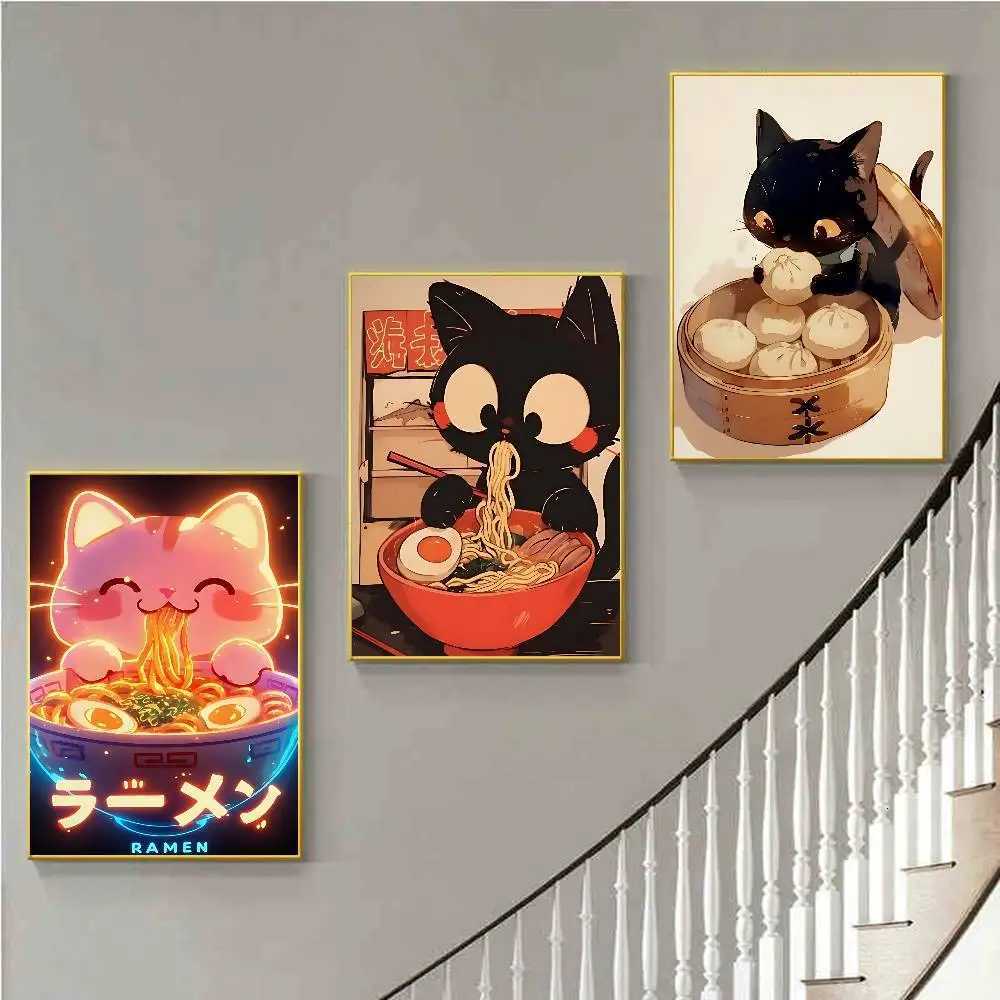 Vintage Japanese Cat Eat Ramen Sushi ki Neko Anime Posters Sticky HD Quality Wall Art Retro Posters He Kawaii Ro Decor H251112-image-1084307255