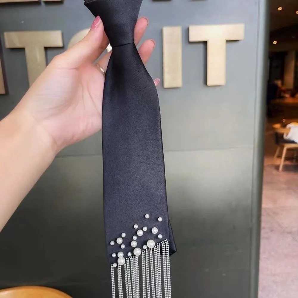 Korean Style Pearls Tie Black Tassels Hand-beaded Long Necktie Academic Style Choker Decoration Shirt Tie KidsW251111-image-1084187238