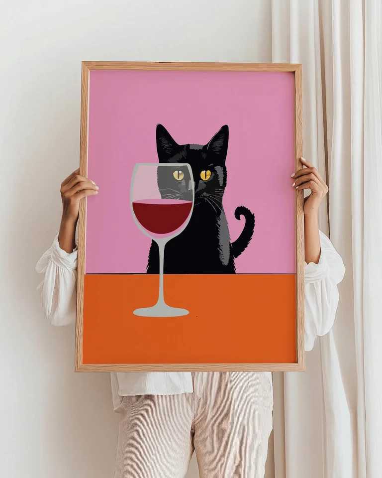 Wine Cat Wall Art Wine Cat Art Print Black Cat Wine Table felne Wine Cat wall art orange bar Cart Kitchen Wall Decor H251112-image-1084306209