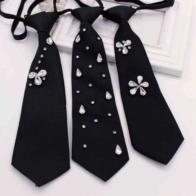 Womens Student Uniform Adjustable Pre Tied Tie Sparkling Rhinestones Black Necktie Preppy Neckwear Shirt Collar Ties W251111-image-1084187208