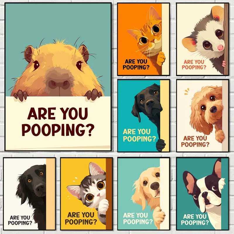 Retro Are You Pooping Cute Cat Quotes Poster Funny Art Prints Canvas Painting Wall Art Pictures Toilet Bathro Decor H251112-image-1084307823
