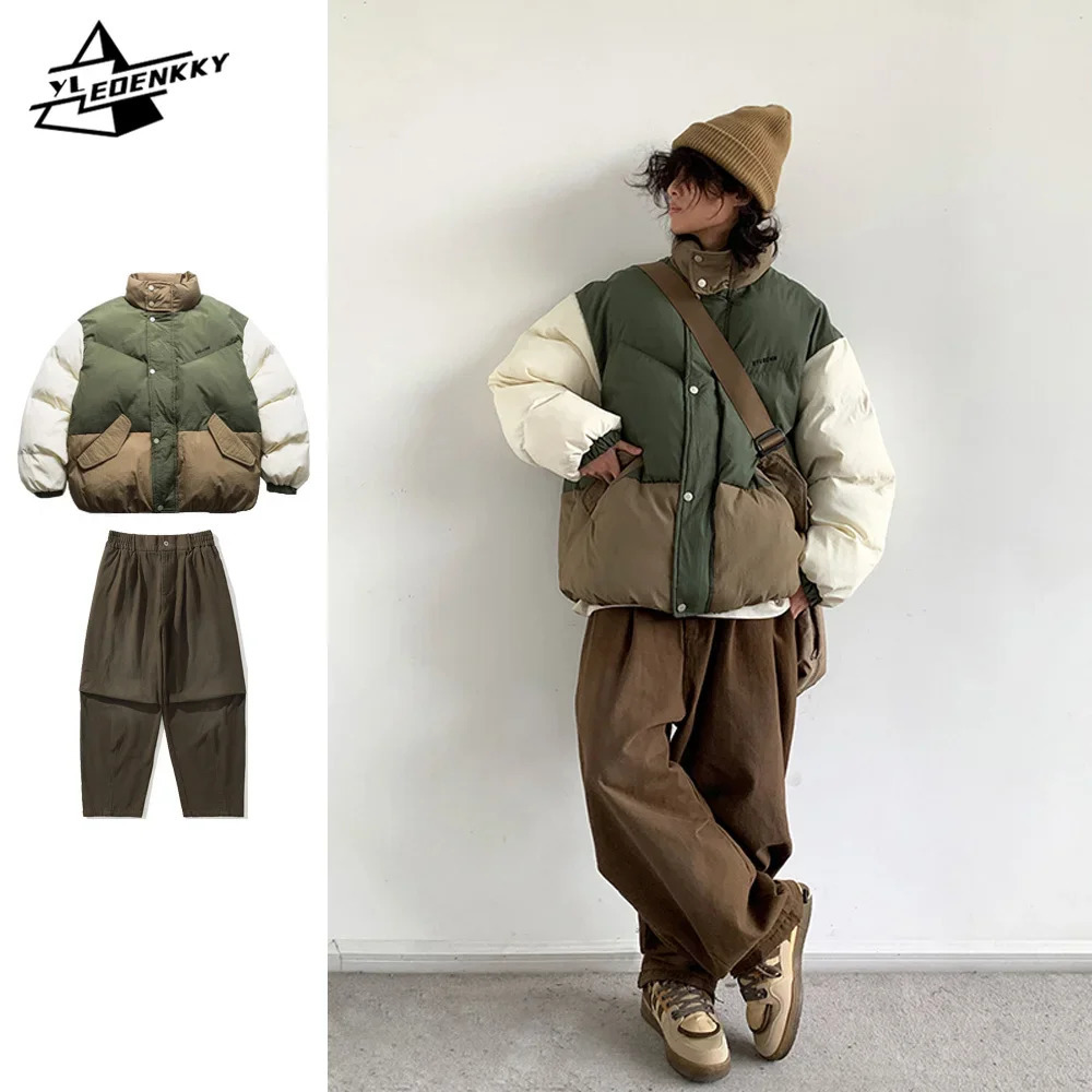 Harajuku Street Set Men Women Yama Style Patchwork Thickened Parka Washed Loose Casual Cargo Pants Retro Unisex Baggy Warm Suit 251107 94