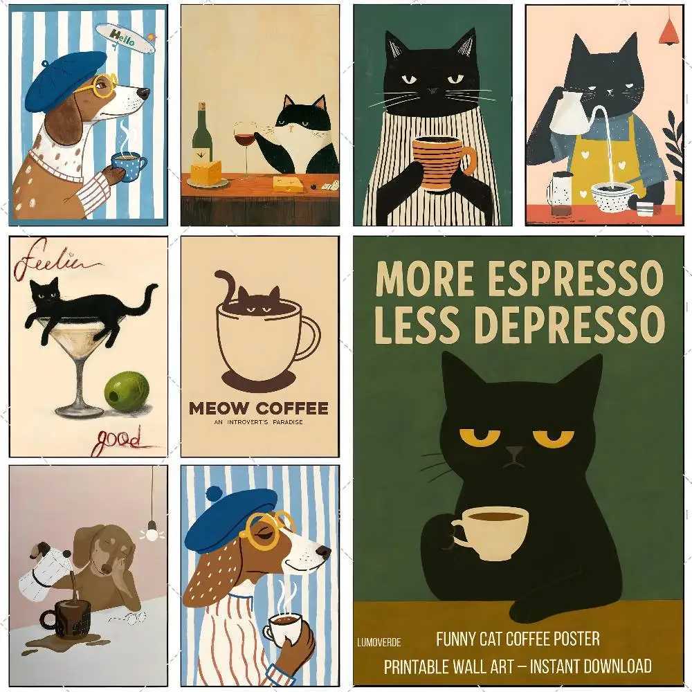 Boho Minimalist Cartoon Dog Cat Cafe Poster High-definition art sticker Self adhesive waterproof he decoration H251112-image-1084306218