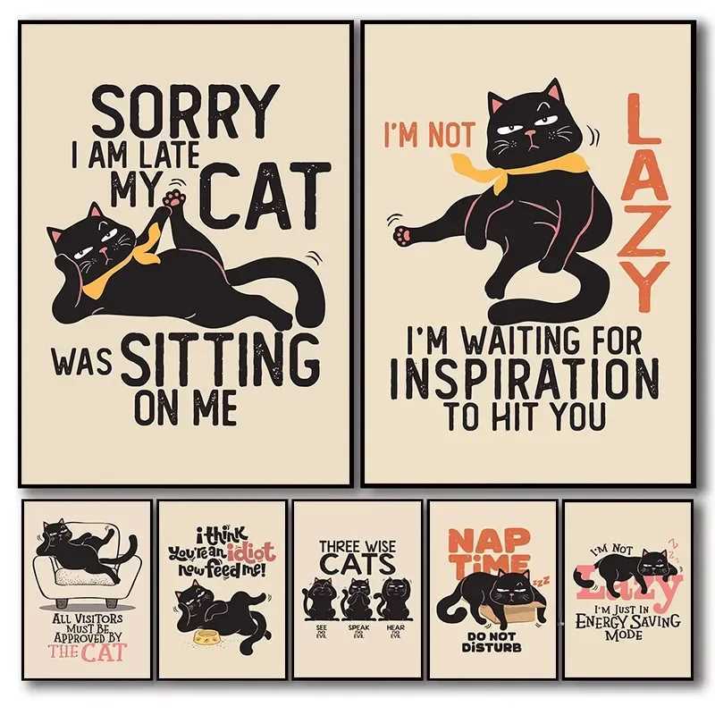 Funny Black Cat Canvas Wall Art Whimsical Cartoon with Humor Quote Cute Print for Cat Lovers Gift Living Ro He Decor H251112-image-1084306313