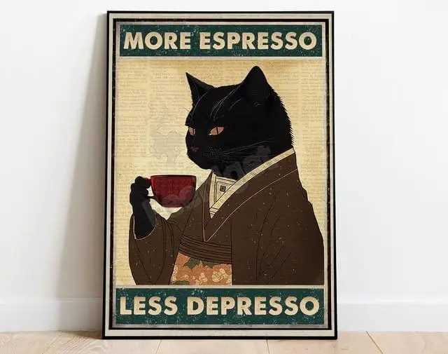 Retro Metal Tin Sign es More resso Less Depresso Poster Drinking Coffee Lover Gift Funny Black Cat Wall Art He Decor Novelt H251112-image-1084306796