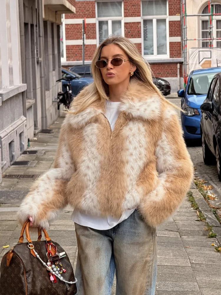 Femmes cerf motif fausse fourrure manteau mode revers fermeture éclair à manches longues en vrac court survêtement dame hiver chaud trajet mantea
