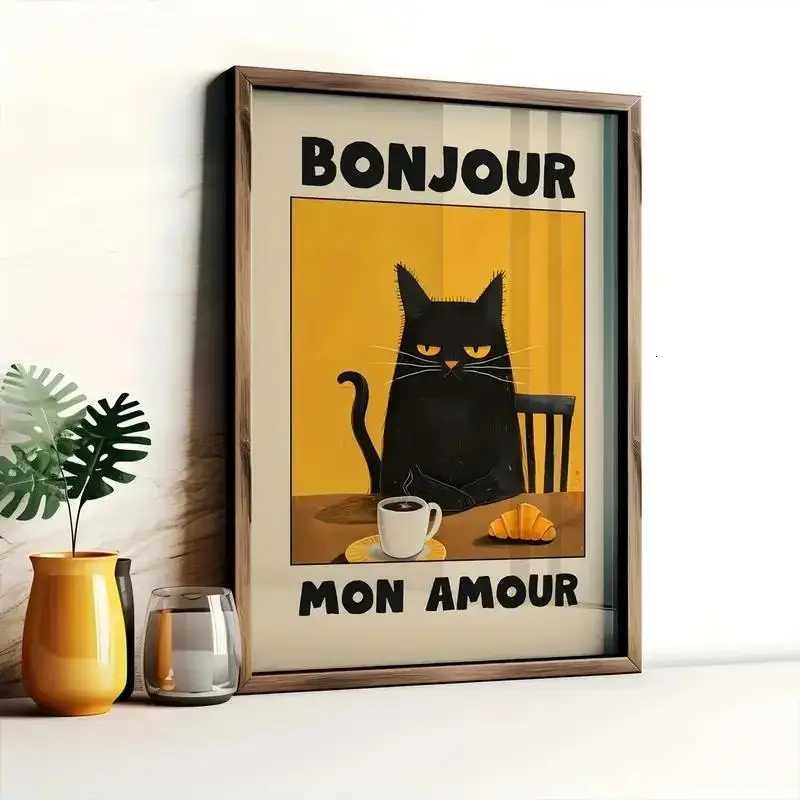 Black Cat Breakfast Vintage Warm Tones Wall Art Prints Canvas Painting Poster Picture For Living Bedro Dining Ro He Decor H251112-image-1084308307