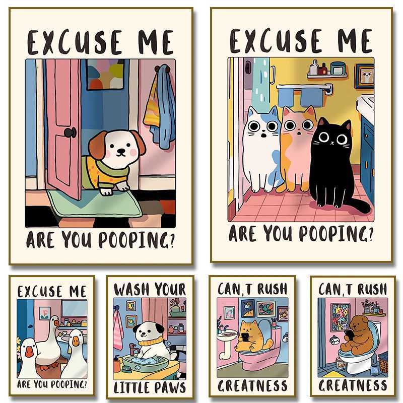 Excuse Me Are You Pooping Dog Cat Poster Funny Pets Wash Your Little Paws Canvas Painting Wall Art Picture Bathro He Decor H251112-image-1084307815