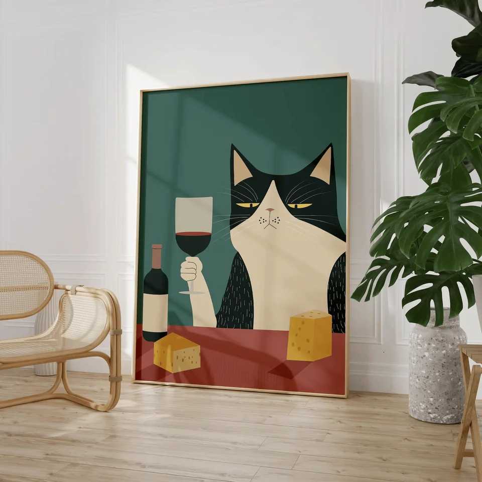 Printable Cat Wine Poster Bar Cart Wall Art Funny Cat Print Wine Cat Poster Cat Lovers Gift Aesthetic Kitchen Decor Trendy H251112-image-1084306013