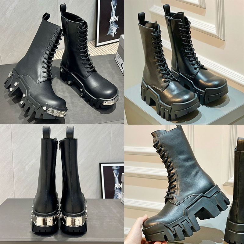 Women Bulldozer Lace up Platform Boot Luxury Mens iron buckle Motorcycle Boots Matte smooth calfskin Couple leather boots