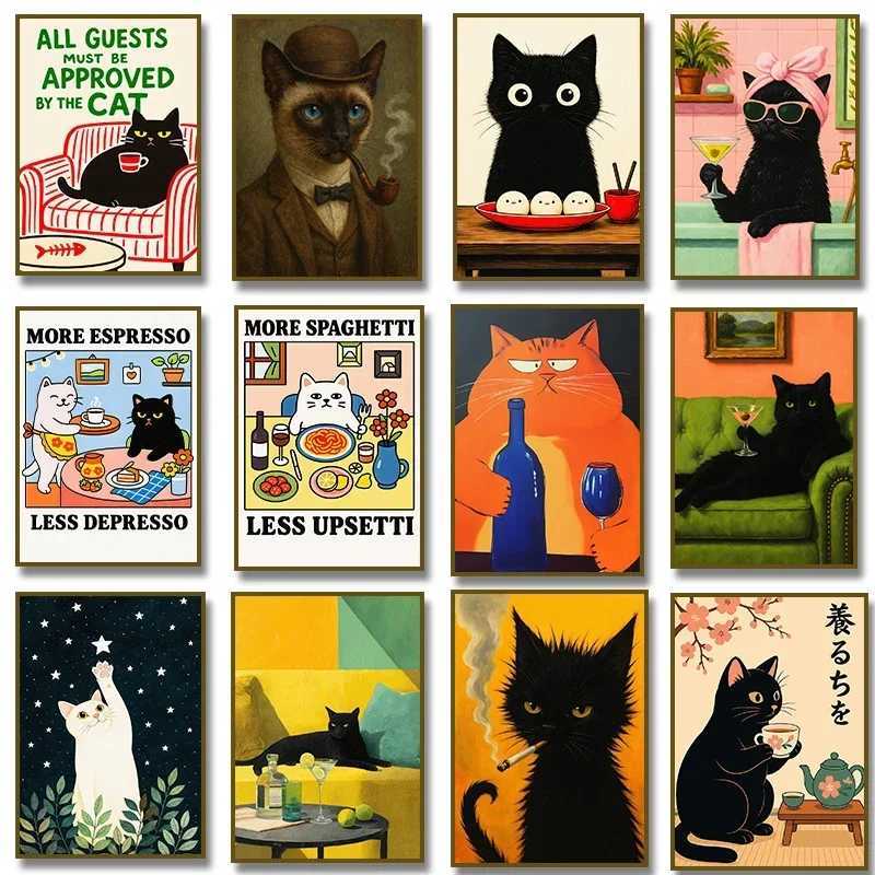 More Spaghetti Less Upsetti Black Cat with Cocktail Smoking Poster Canvas Painting Print Wall Art for Living Ro He Decor H251112-image-1084305972