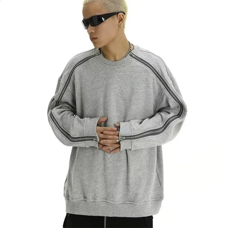Spring Zip n Crewneck Mens Sweatshirt Y2K Retro Street Clothing Grey Floral Hoodie Loose Hip Hop Fashion 250409Z