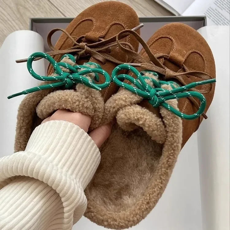 Bow Suede Platform Fur Slippers Women Flats Warm Mules Shoes Plush Cotton Flip Flops 2025 Winter New Casual Fashion Women Shoes 251112