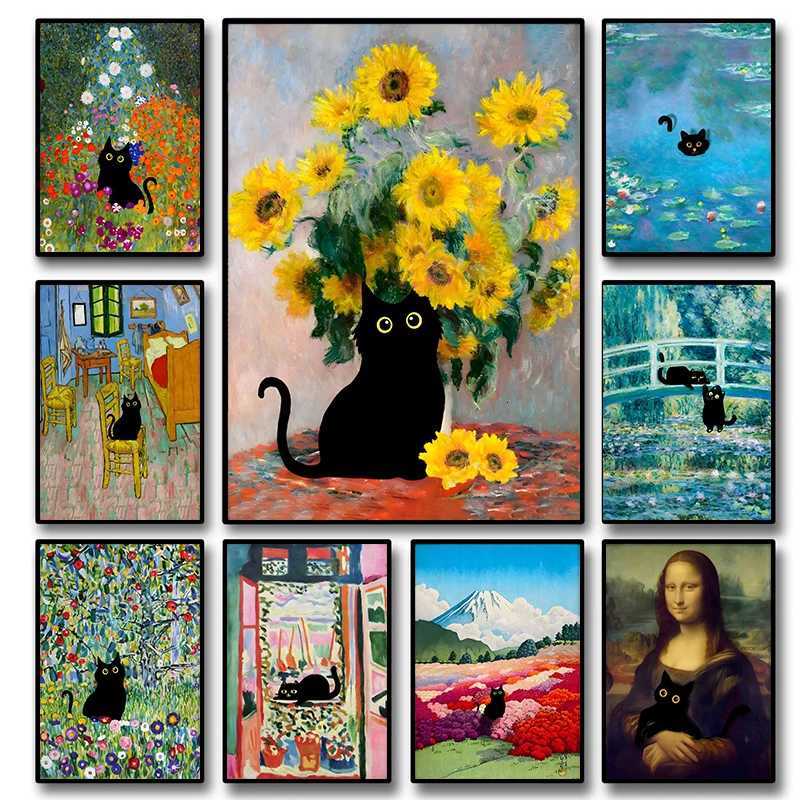 Funny Black Cat World Famous Painter Monet Van Gogh Artwork Poster Canvas Painting Wall Art He Living Ro Decor Frameless H251112-image-1084307928