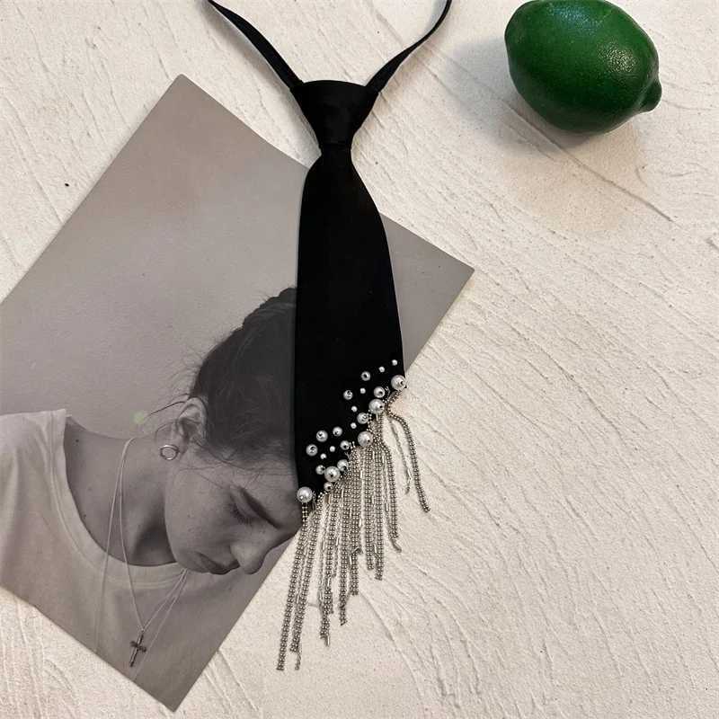 Design Heavy Industry Tassel Tie Womens Korean Version Pearl Lazy Knotless Tie Shirt Black Necktie Tie length 30cm width 6cmW251111-image-1084187260