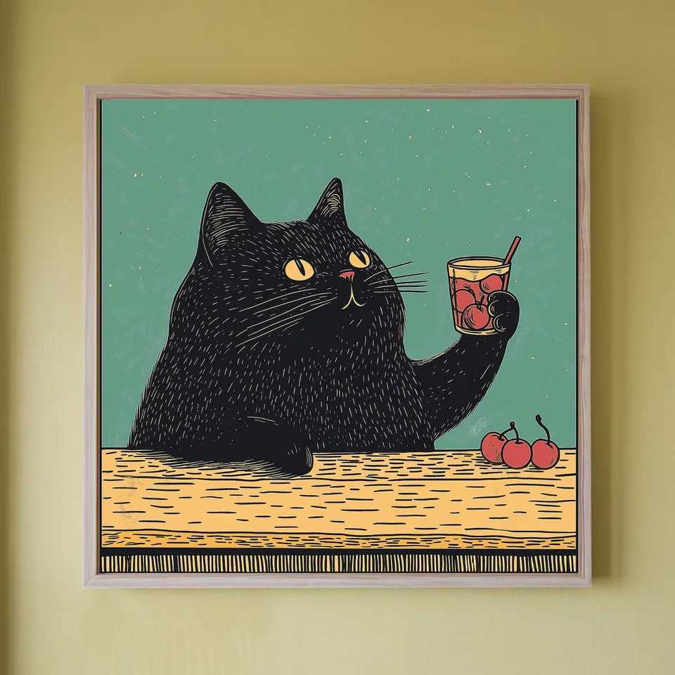 Black Cat Cocktail Coffee Wall Art Retro Cat Kitchen Decor Funny Bar Cart Coffee Poster Quirky Cat Print Gift for Cat Lovers H251112-image-1084306681