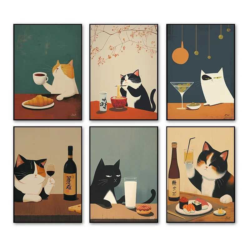 Funny Cat Coffee Croissant Sushi Wine Food Japanese Style Posters and Prints Canvas Printing Wall Art Picture for Kitchen Decor H251112-image-1084305862