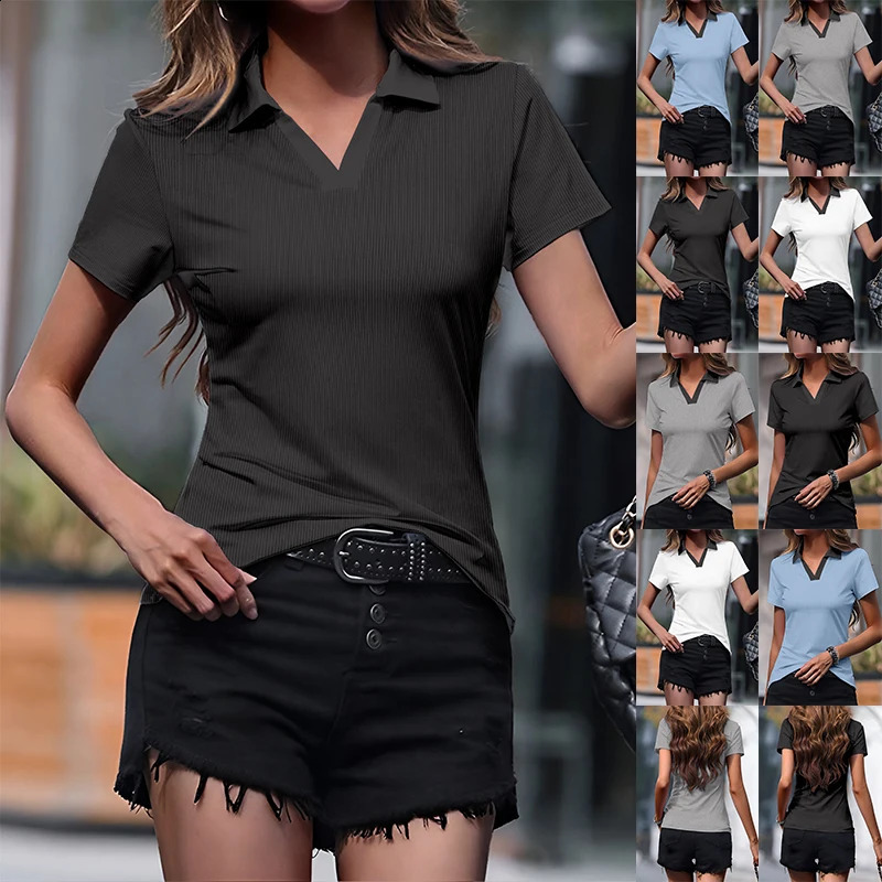 Summer womens Vneck casual polo shirt solid color ultrathin short sleeved workwear fashionable Tshirt 250409Z