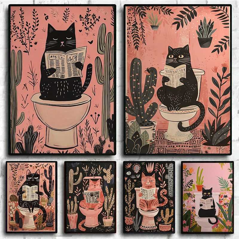 Funny Black Cat s on The Toilet Reading Poster Bath Prints Canvas Painting Wall Art Pictures for Toilet WC He Decor H251112-image-1084307949