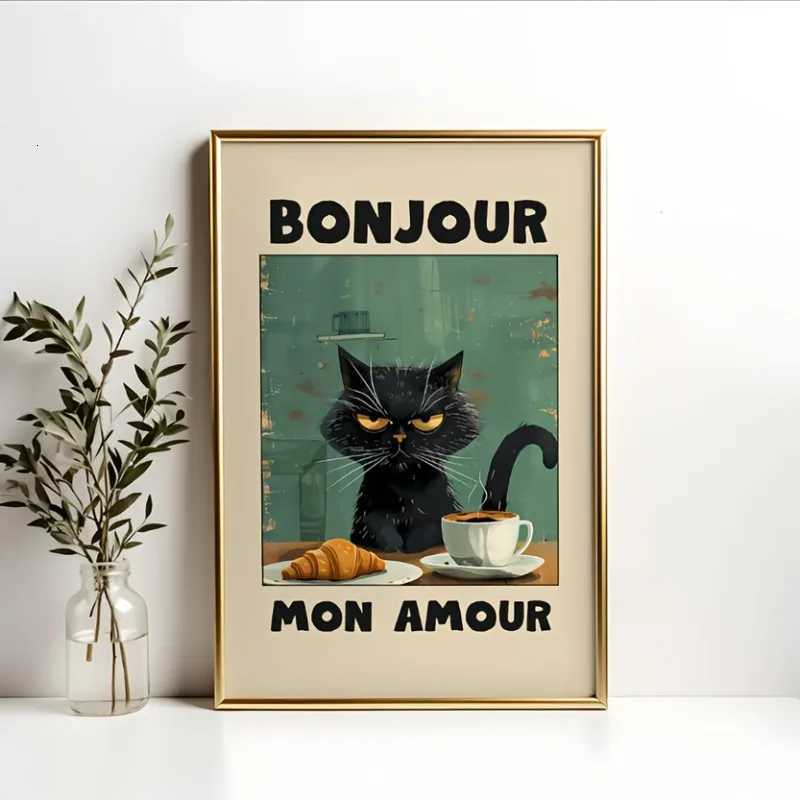 1pc Le Chat Noir Poster Green Bonjour Mon Amour Black Cat Breakfast Artwork Modern Canvas Painting Unframed Indoor Decoration H251112-image-1084306109