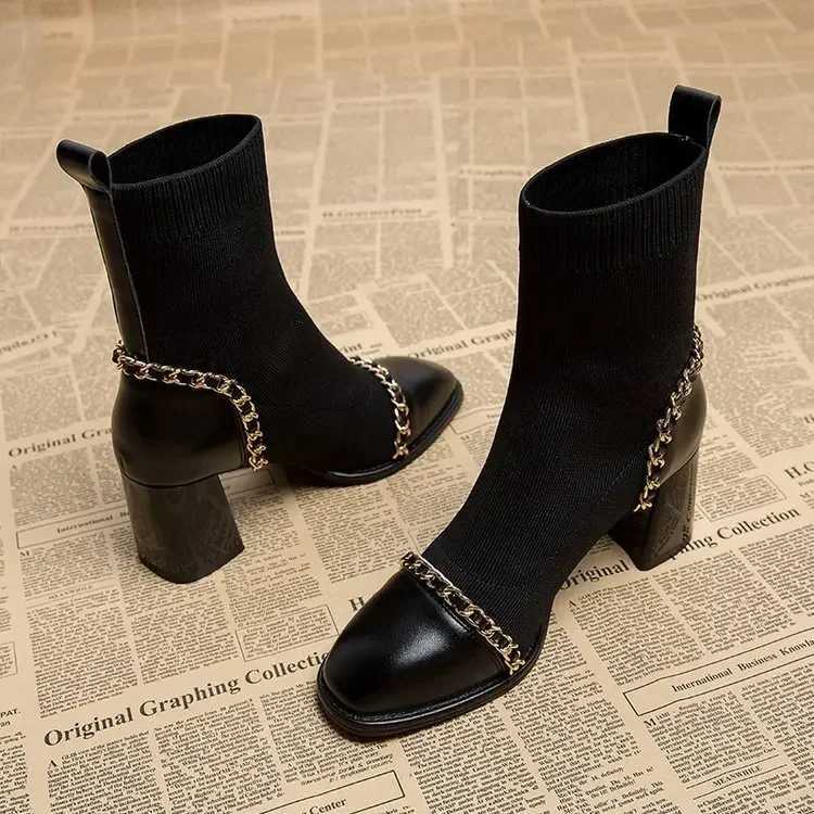 Femmes tricot bottines Fi Slip minceur chaussons courts automne hiver femme chaussures à talons épais 2025XJ251112