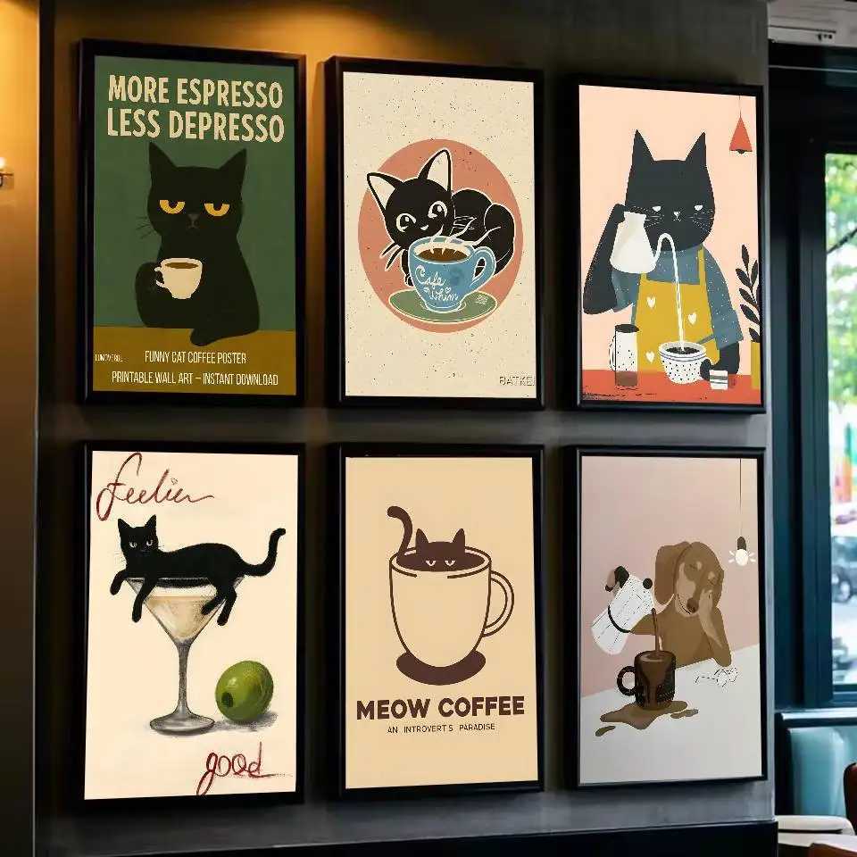 Boho Minimalist Cartoon Dog Cat Cafe Poster Self-adhesive Art Waterproof Paper Sticker Coffee House Bar Dorm Ro Wall Decor H251112-image-1084306051