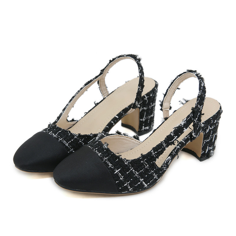Sandales d'été Patchwork Slingbacks bout pointu Tweed talons épais femmes pompes en cuir véritable chaussures robe Sandalias Mujer