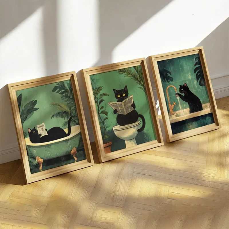 Green Funny Cat Funny Wall Art Bathro Toilet Art Toilet Poster Modern Trendy Aesthetic Decorative Canvas Painting H251112-image-1084307662