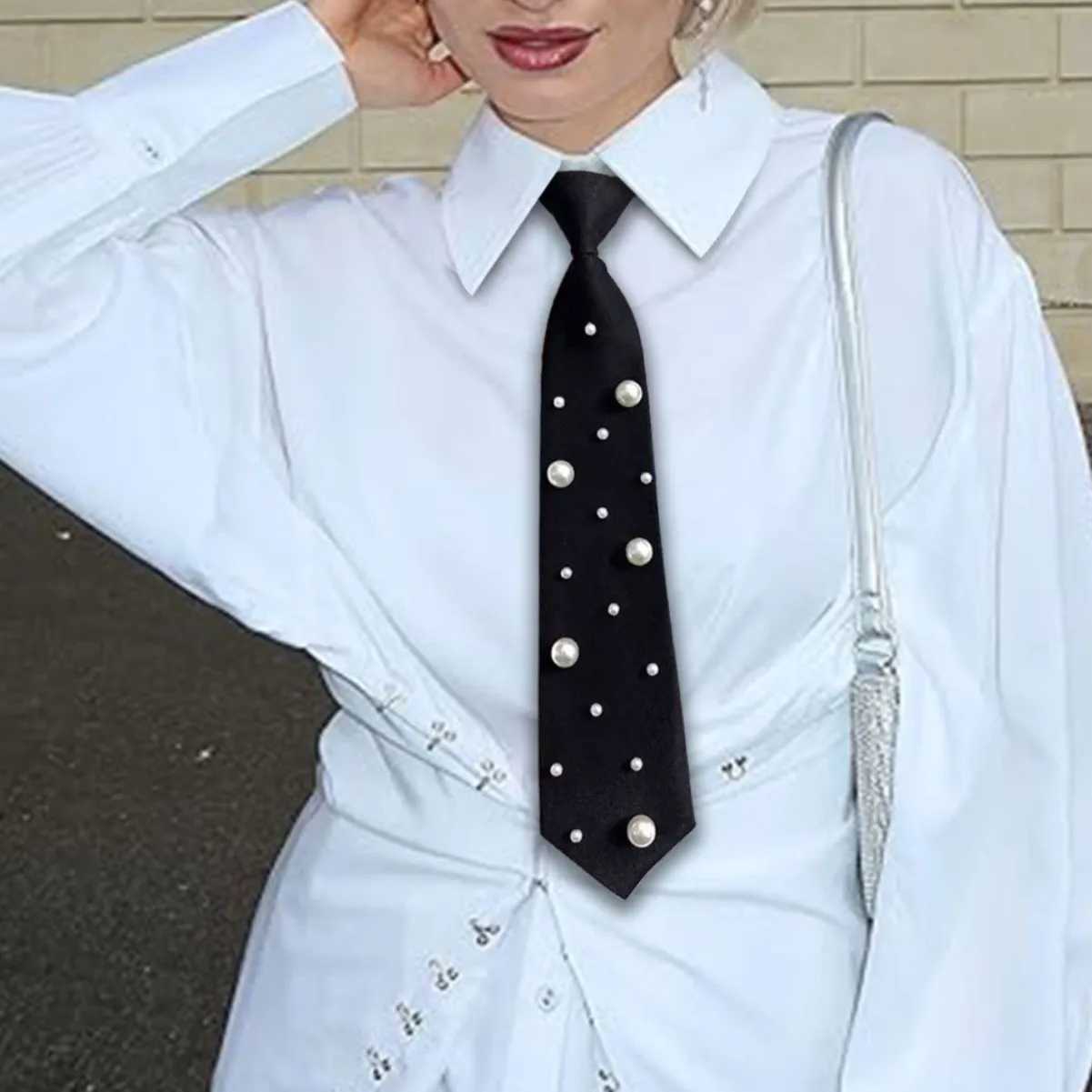 Casual and Elegant Pearl Tie Womens Shirt Versatile Necktie Japanese Style Lazy Free College Style NeckclothW251111-image-1084212745