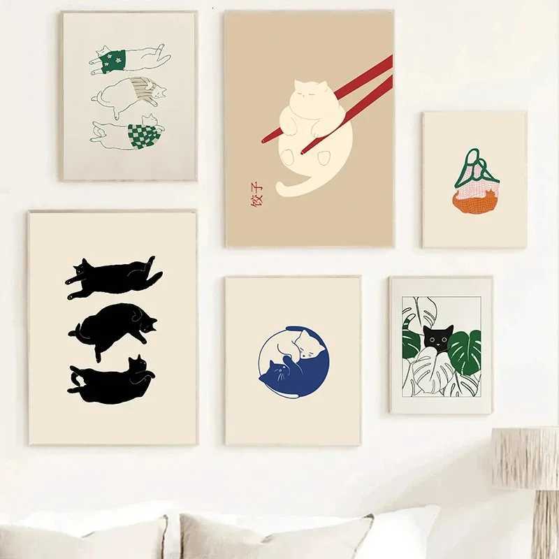 Funny Cat Dumpling Lazy Cat Illustration Abstract Line Poster Canvas Painting Nodic Wall Art Pictures Bathro He Decoration H251112-image-1084305821
