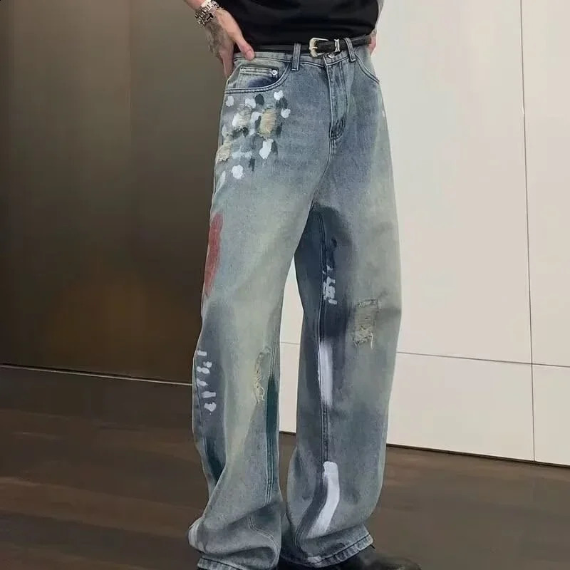 Autumn Graffiti Y2K Street Clothing Mens Bag Jeans Hip Hop Fashion Tear Blue Cowboy Trouser Punk Straight Underwear Hombre 250410