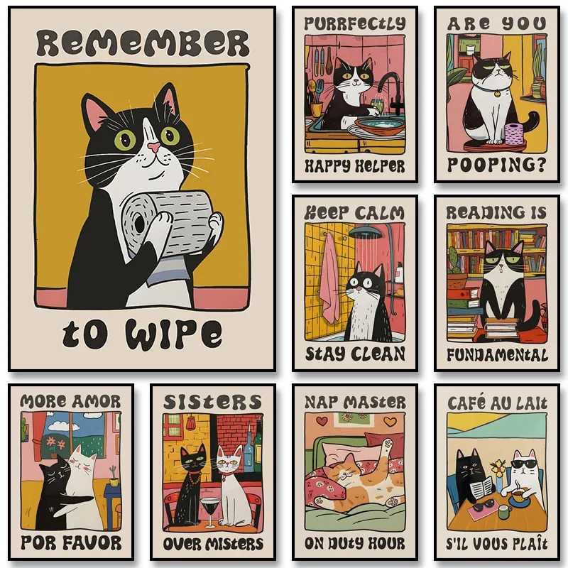 Retro Dishes Kitchen Canvas Poster Cat Chef Wall Art Printing for Modern Living Ro Bedro Kitchen and He Decor Gi H251112-image-1084306291