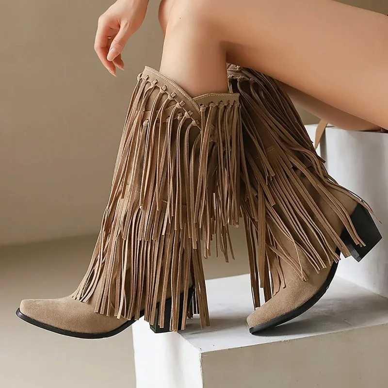 Large Size 45 Women Ethnic Wern Cowboy Boots Block Medium Heels Tassel Fringe Kneehigh Boot Lady Winter ShoesXJ251112
