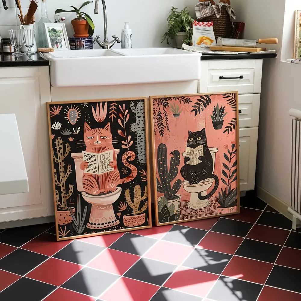A Set of 2 Funny Bathro Cats Reading Newspaper Printing Toilet Wall ArtRetro Bathro Wall DecorToilet Canvas Poster H251112-image-1084308270